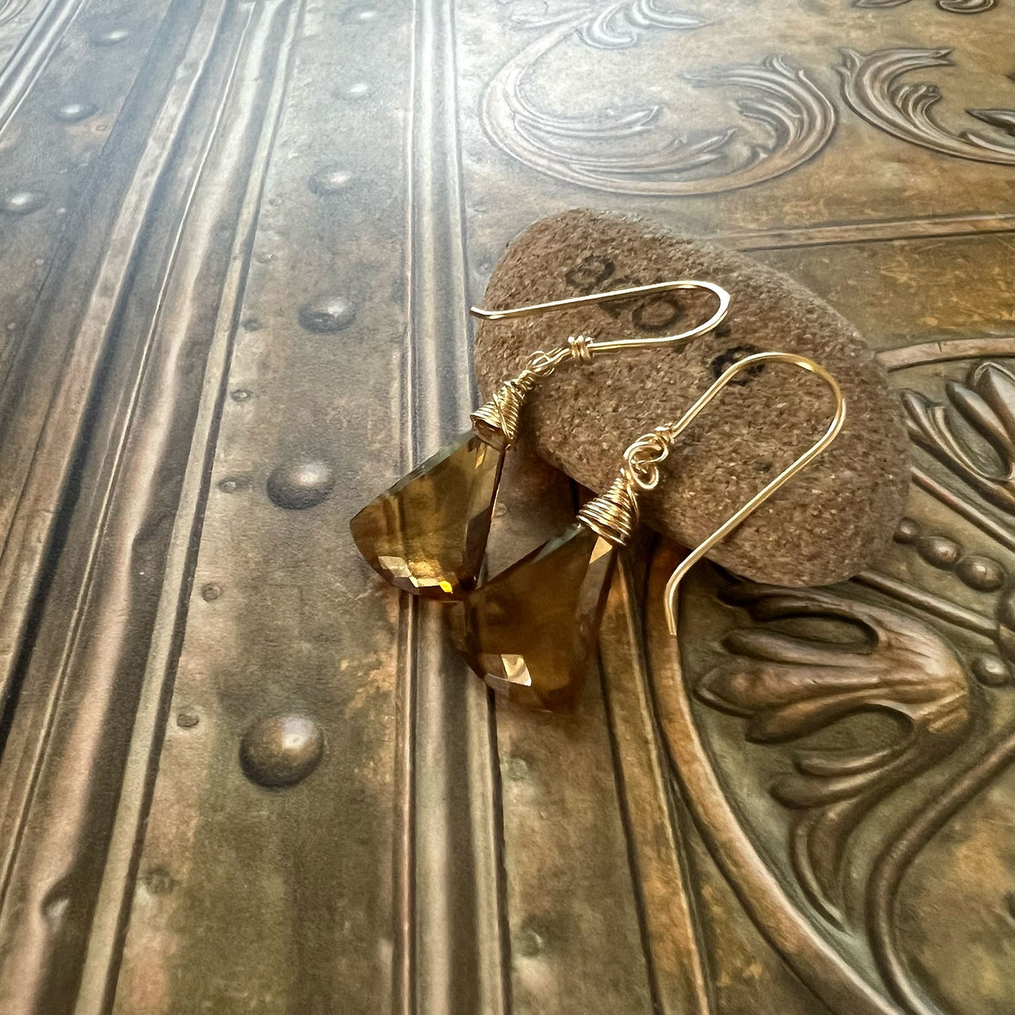GOLD FILLED WHISKEY QUARTZ EARRINGS - SYNCH ME TALISMAN