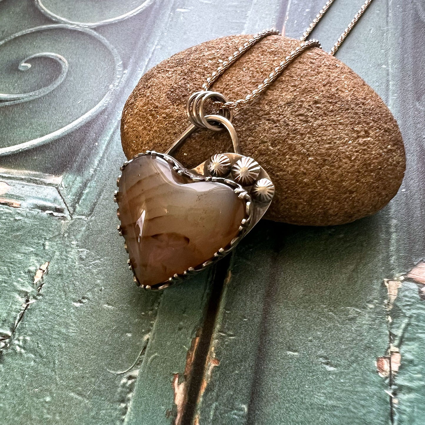 STERLING SILVER BRAZILIAN AGATE HEART NECKLACE - PROTECTIVE EMBRACE TALISMAN