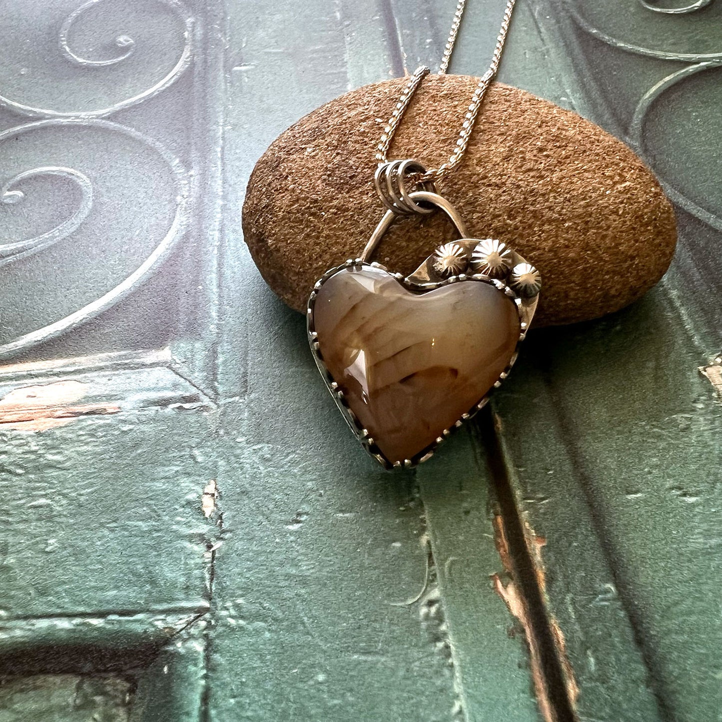 STERLING SILVER BRAZILIAN AGATE HEART NECKLACE - PROTECTIVE EMBRACE TALISMAN