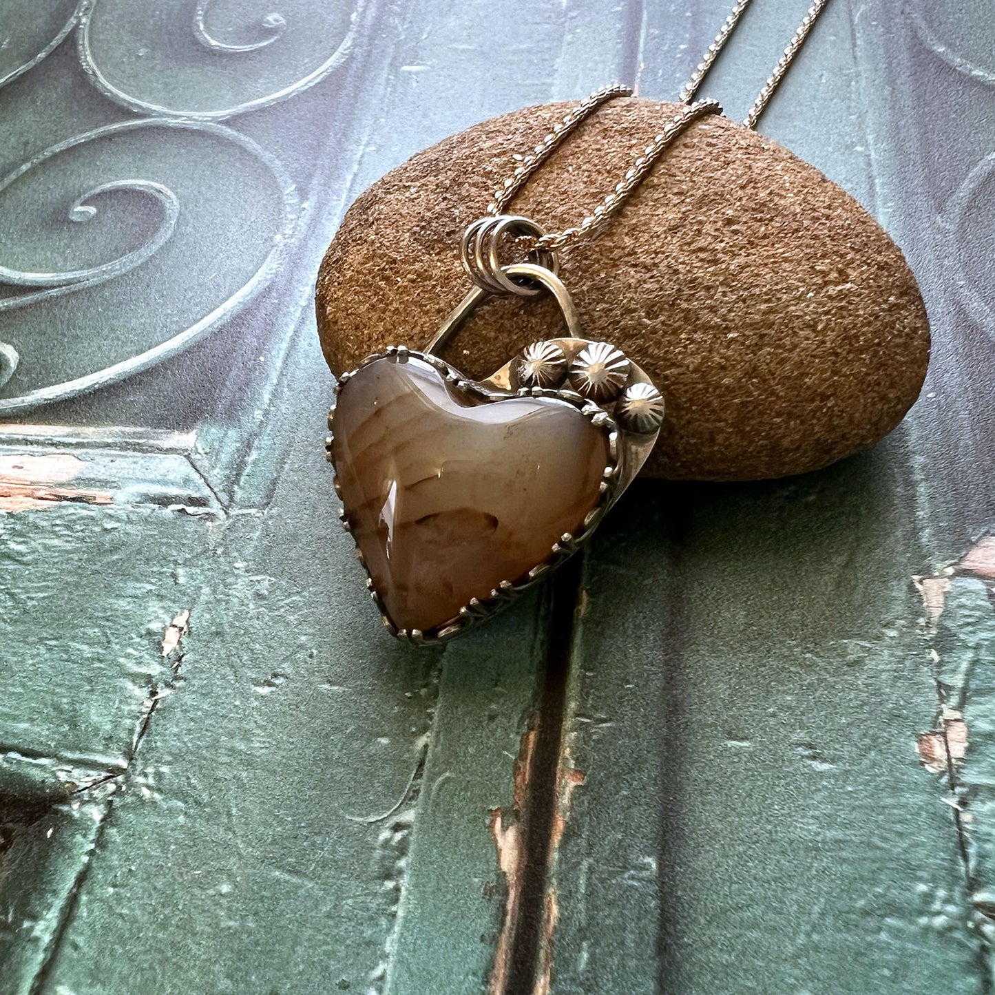 STERLING SILVER BRAZILIAN AGATE HEART NECKLACE - PROTECTIVE EMBRACE TALISMAN