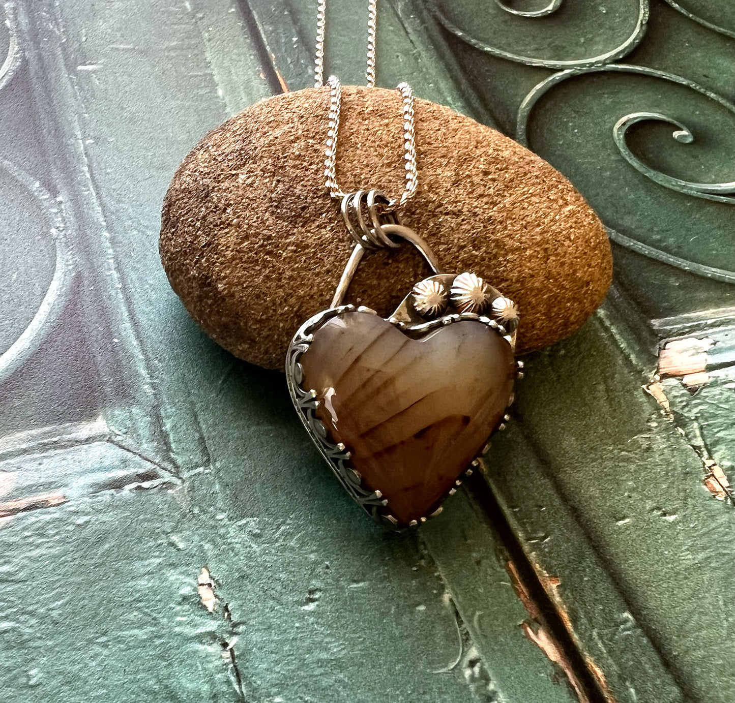 STERLING SILVER BRAZILIAN AGATE HEART NECKLACE - PROTECTIVE EMBRACE TALISMAN
