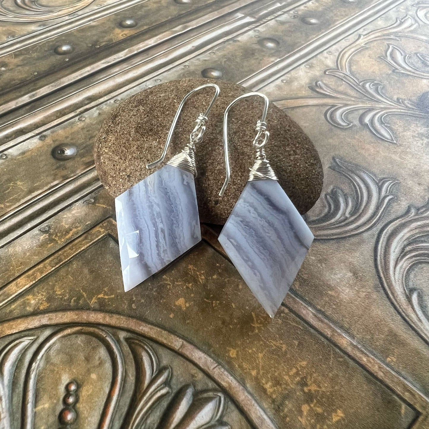 STERLING SILVER BLUE LACE AGATE EARRINGS - PROTECTIVE EMBRACE TALISMAN