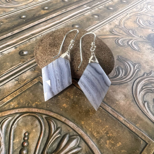 STERLING SILVER BLUE LACE AGATE EARRINGS - PROTECTIVE EMBRACE TALISMAN