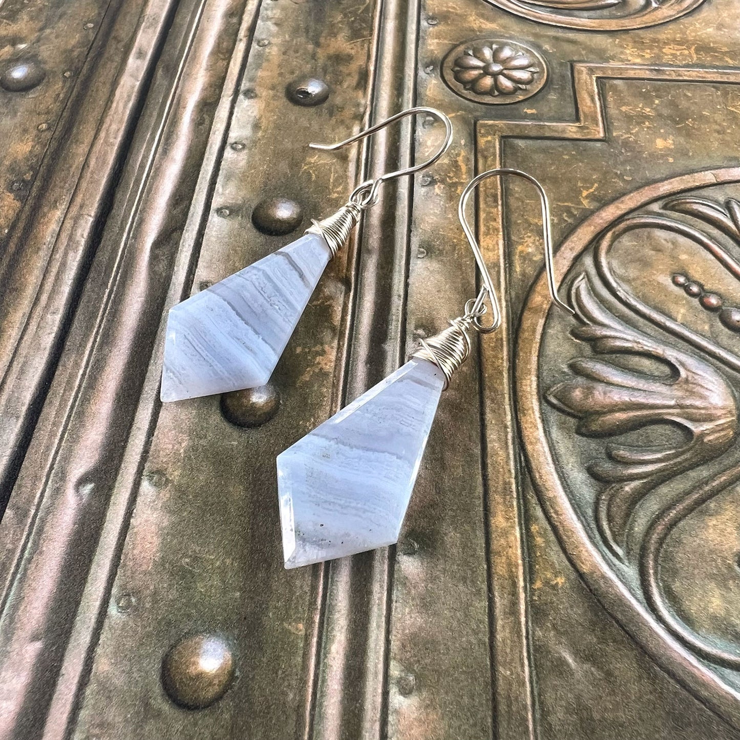 STERLING SILVER BLUE LACE AGATE EARRINGS - PROTECTIVE EMBRACE TALISMAN