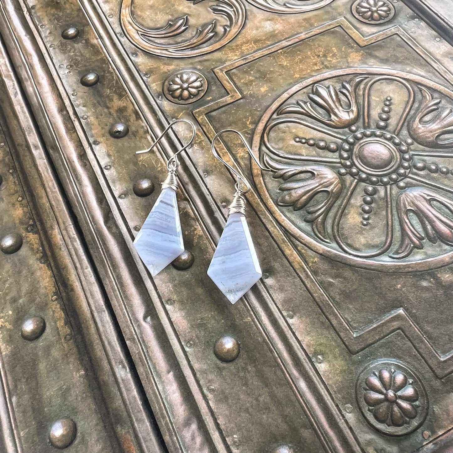 STERLING SILVER BLUE LACE AGATE EARRINGS - PROTECTIVE EMBRACE TALISMAN