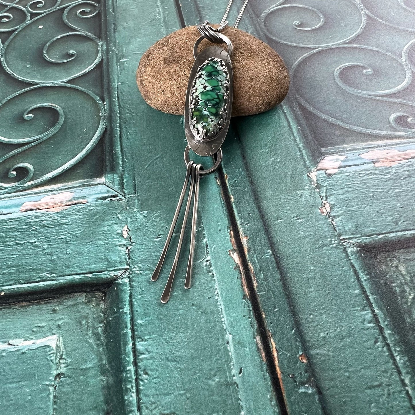 STERLING SILVER BLUE MOON TURQUOISE PADDLE NECKLACE - HEAVEN AND EARTH TALISMAN