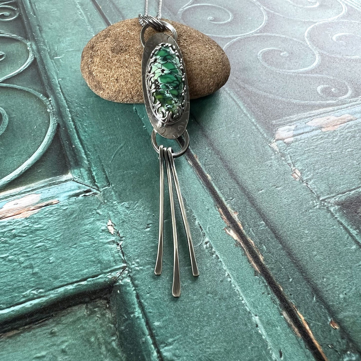 STERLING SILVER BLUE MOON TURQUOISE PADDLE NECKLACE - HEAVEN AND EARTH TALISMAN