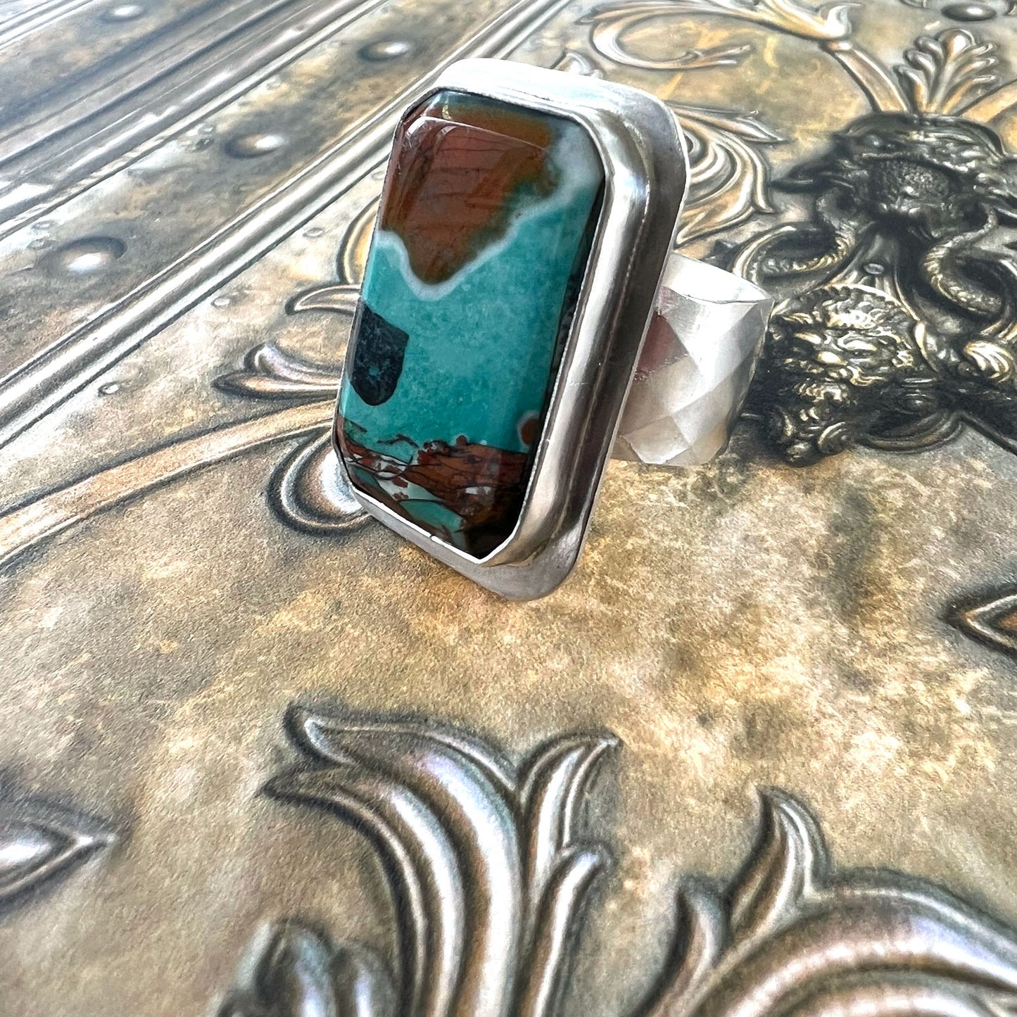 STERLING SILVER BLUE WOOD OPAL RING - TRANSFORMATION TALISMAN