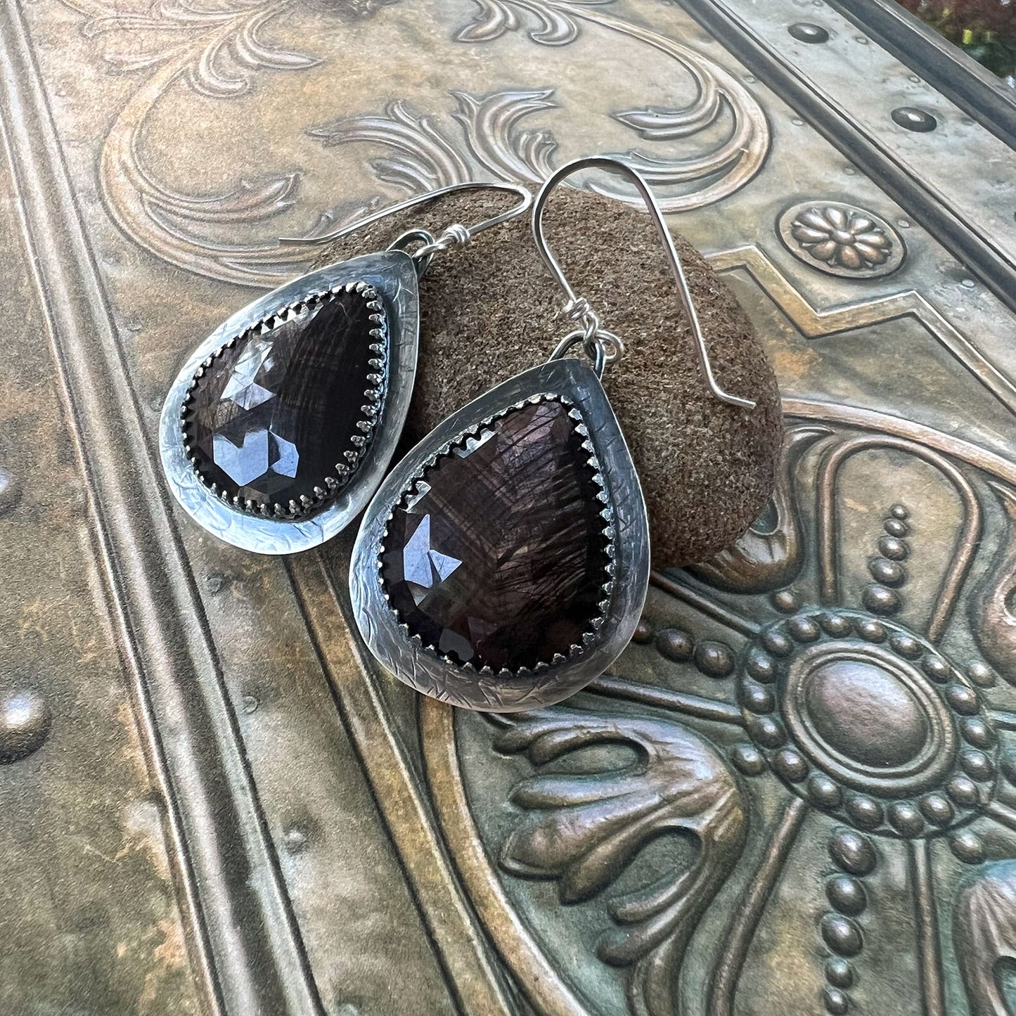 STERLING SILVER CHOCOLATE SAPPHIRE TEARDROP EARRINGS - INSPIRATION TALISMAN
