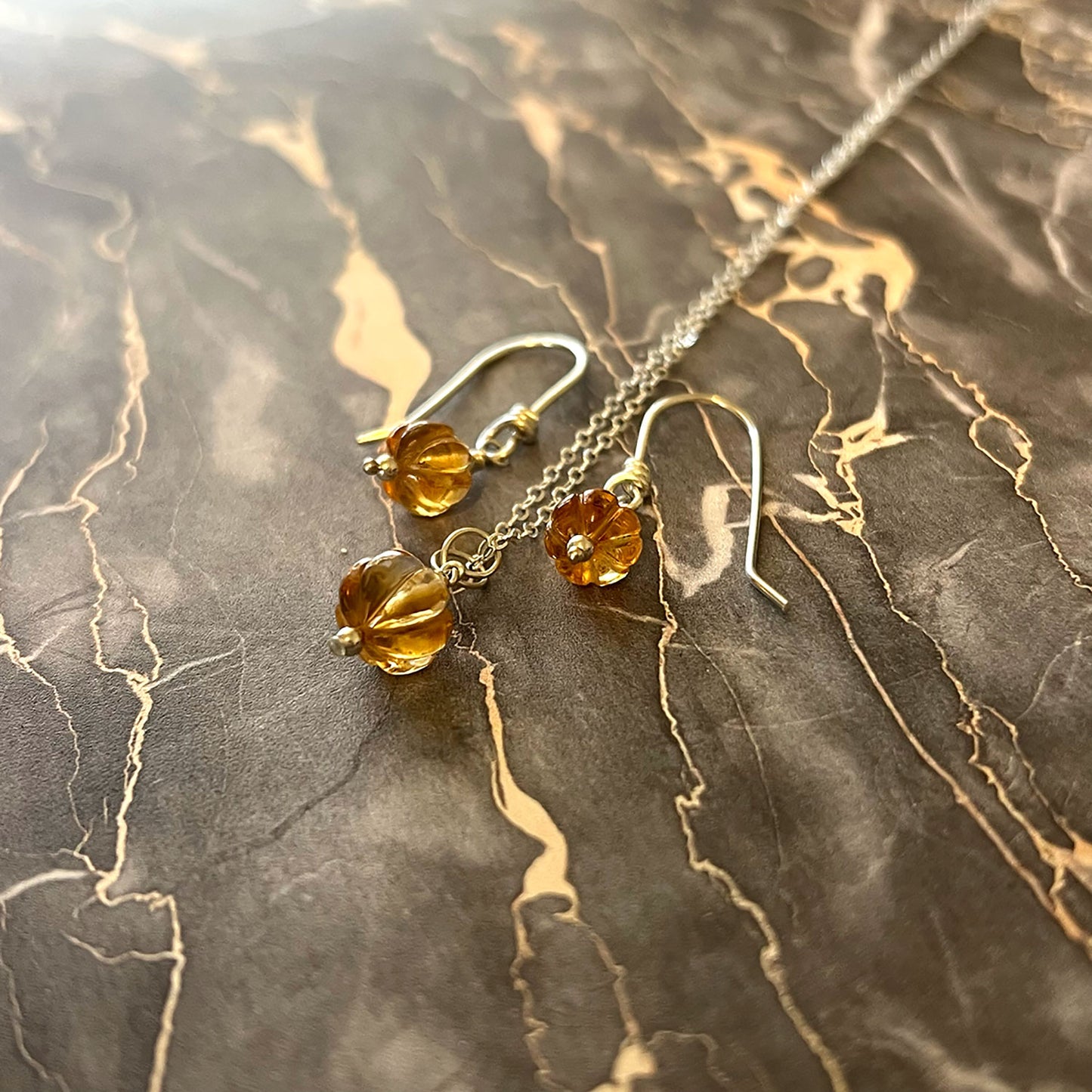 STERLING SILVER  CITRINE PUMPKIN NECKLACE/EARRINGS - I BOW TALISMAN