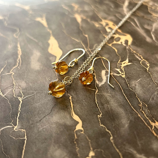 STERLING SILVER  CITRINE PUMPKIN NECKLACE/EARRINGS - I BOW TALISMAN