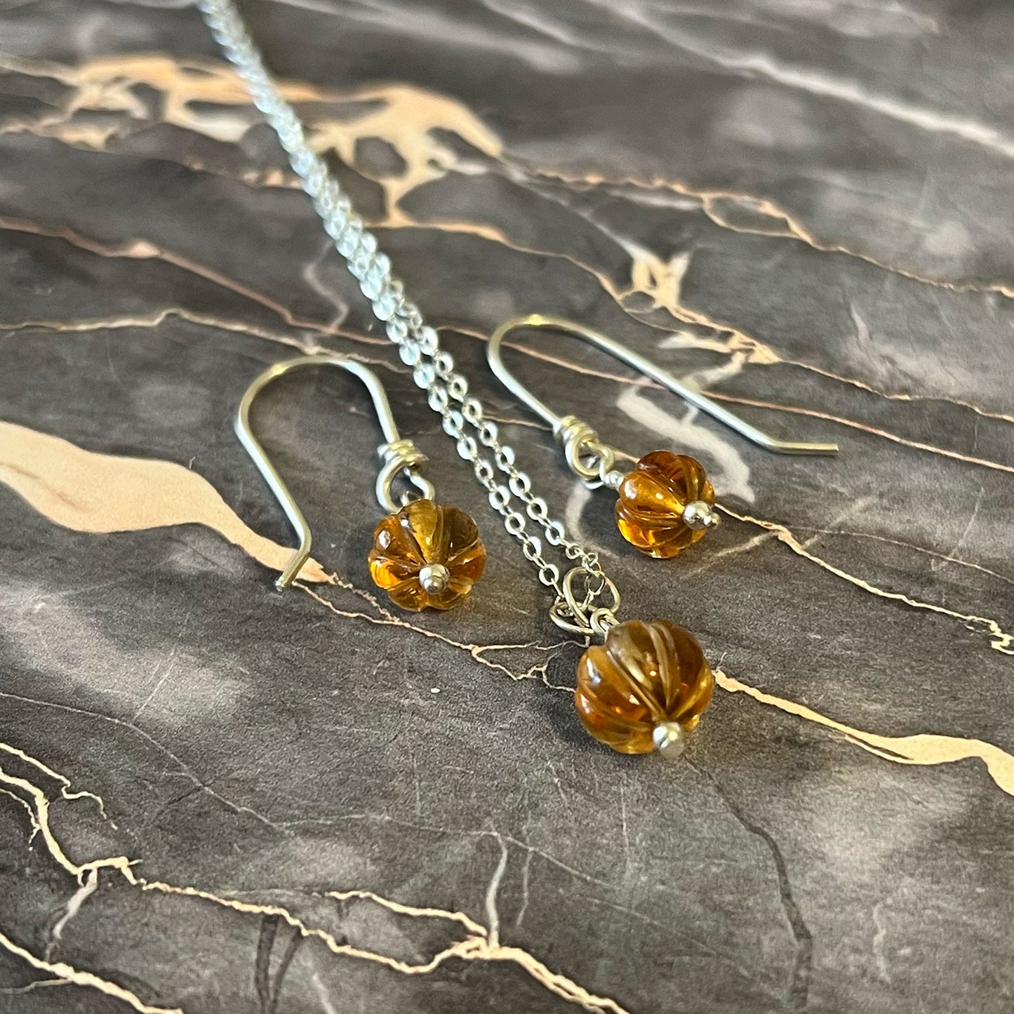 STERLING SILVER  CITRINE PUMPKIN NECKLACE/EARRINGS - I BOW TALISMAN