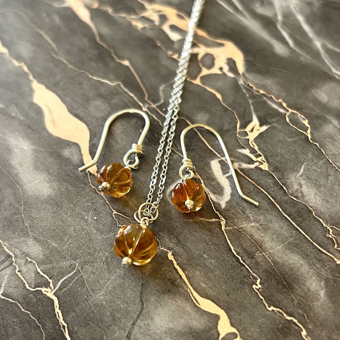 STERLING SILVER  CITRINE PUMPKIN NECKLACE/EARRINGS - I BOW TALISMAN