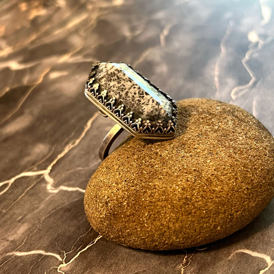 STERLING SILVER DENDRITIC OPAL HEX RING - TRANSFORMATION TALISMAN