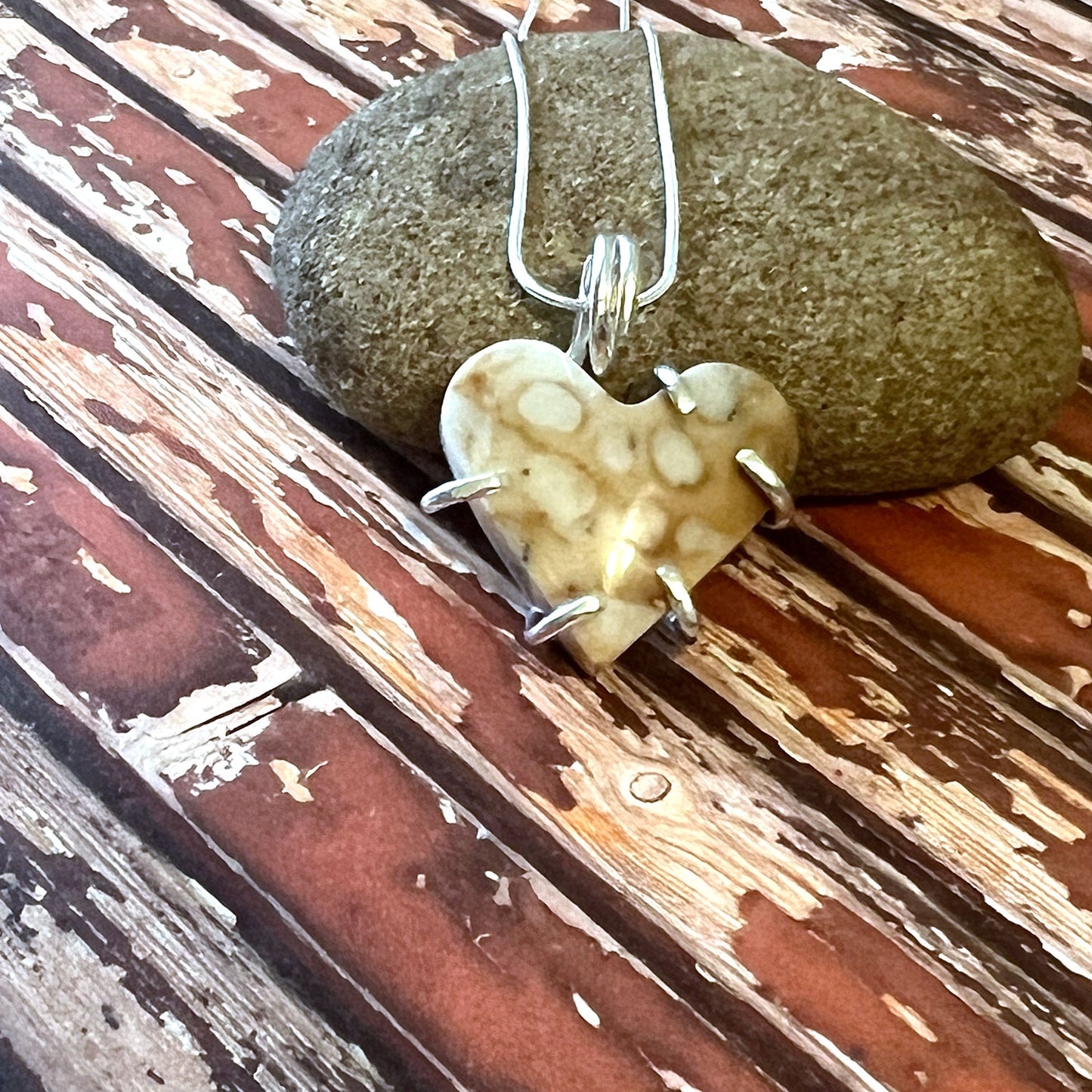 STERLING SILVER FAWN JASPER HEART NECKLACE - MOTHER EARTH TALISMAN