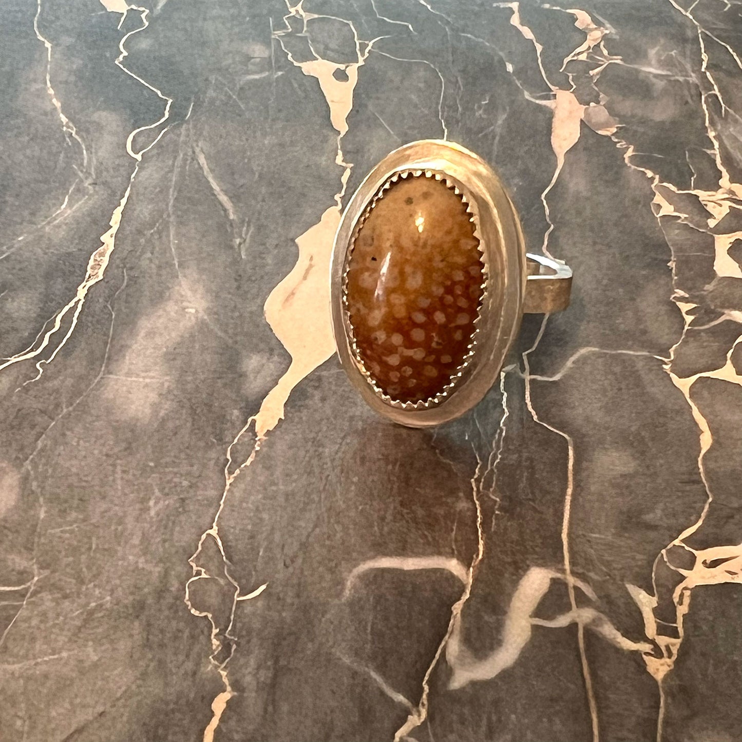 STERLING SILVER FAWN JASPER OVAL RING - MOTHER EARTH TALISMAN