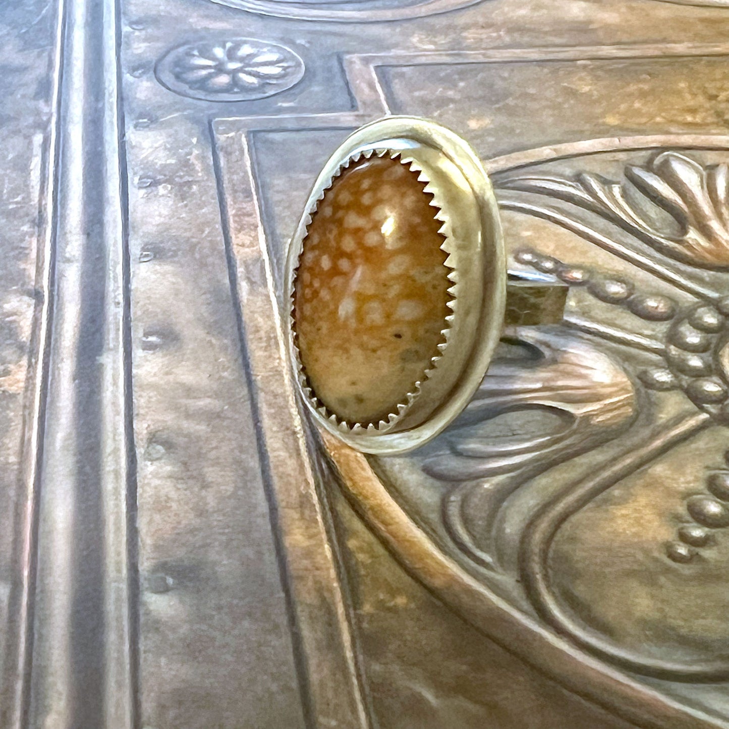 STERLING SILVER FAWN JASPER OVAL RING - MOTHER EARTH TALISMAN