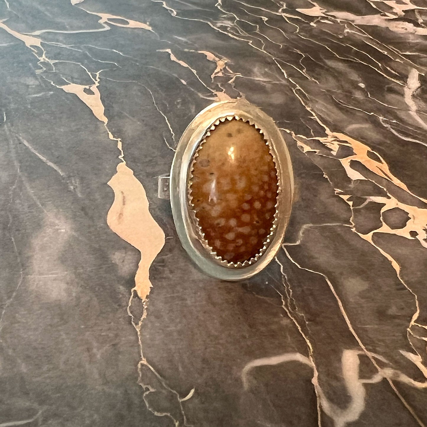 STERLING SILVER FAWN JASPER OVAL RING - MOTHER EARTH TALISMAN
