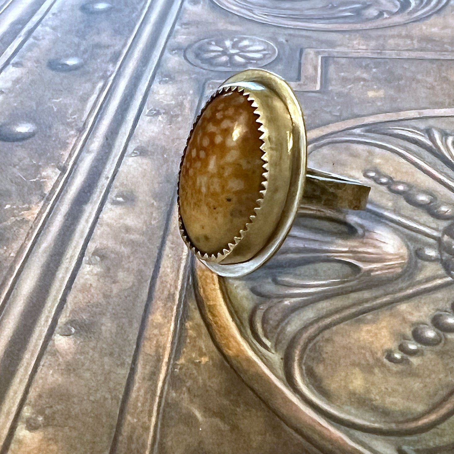 STERLING SILVER FAWN JASPER OVAL RING - MOTHER EARTH TALISMAN