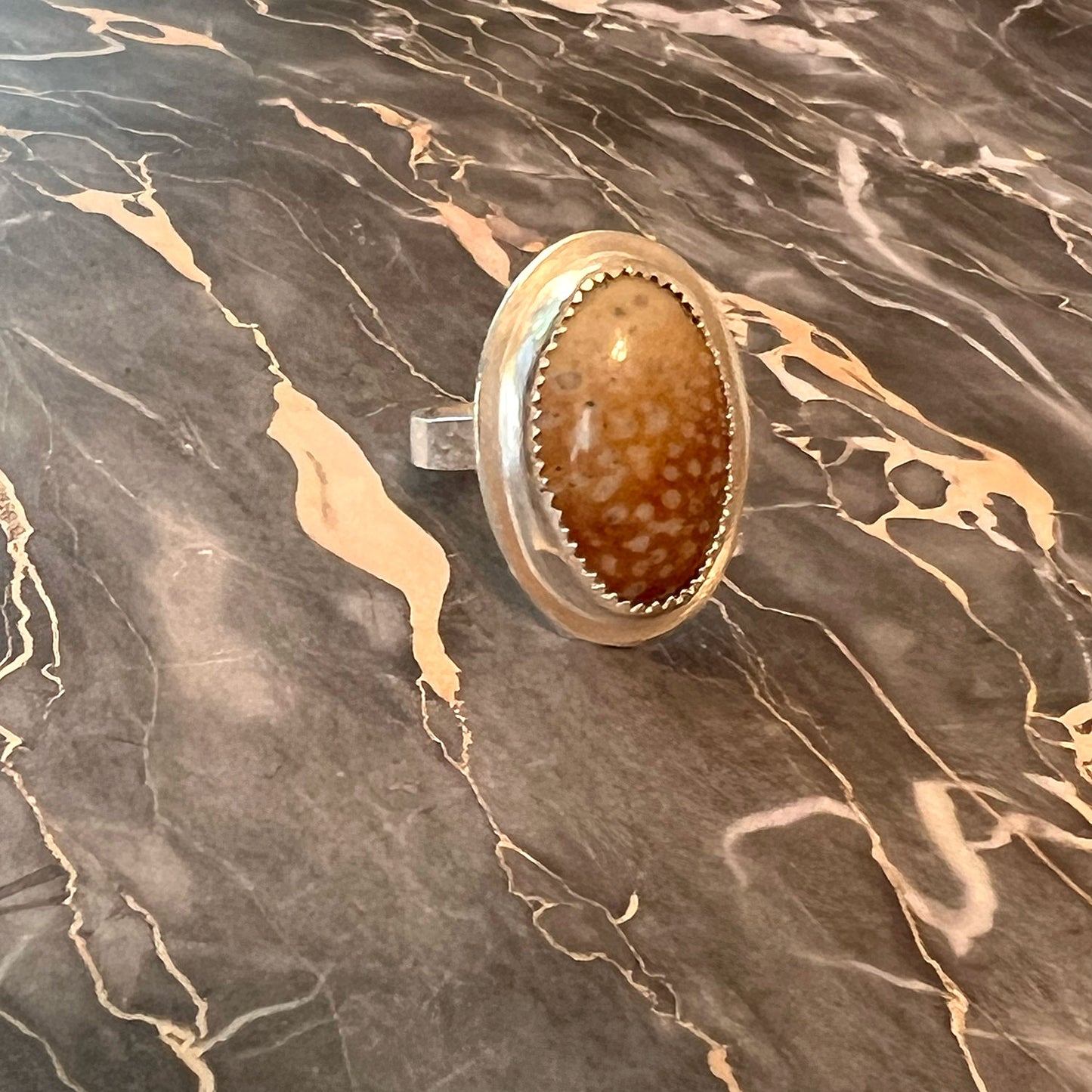 STERLING SILVER FAWN JASPER OVAL RING - MOTHER EARTH TALISMAN