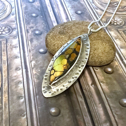 STERLING SILVER HARLEQUIN HUBEI TURQUOISE MARQUISE NECKLACE - HEAVEN AND EARTH TALISMAN