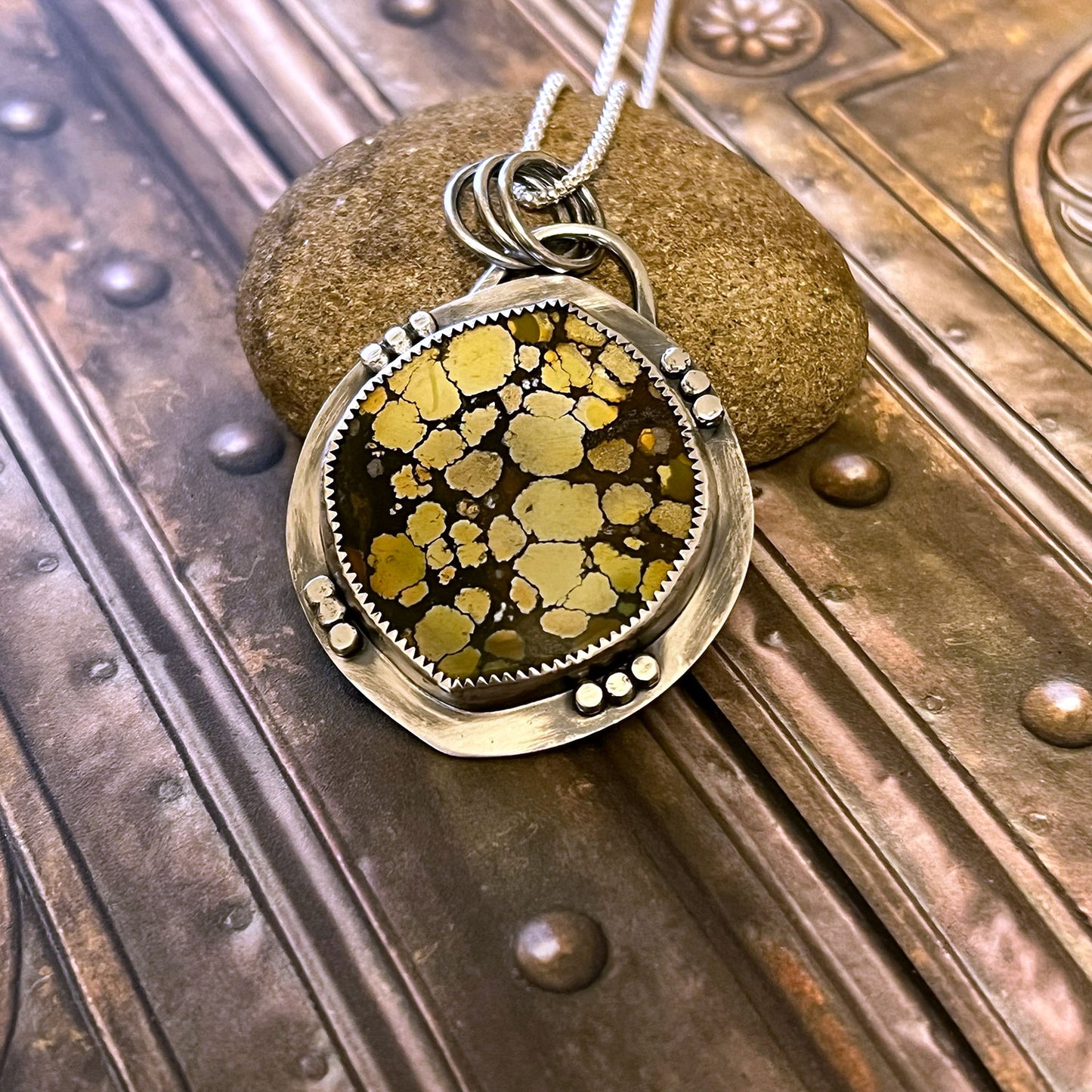 STERLING SILVER HARLEQUIN HUBEI TURQUOISE WIDE MARQUISE NECKLACE - HEAVEN AND EARTH TALISMAN