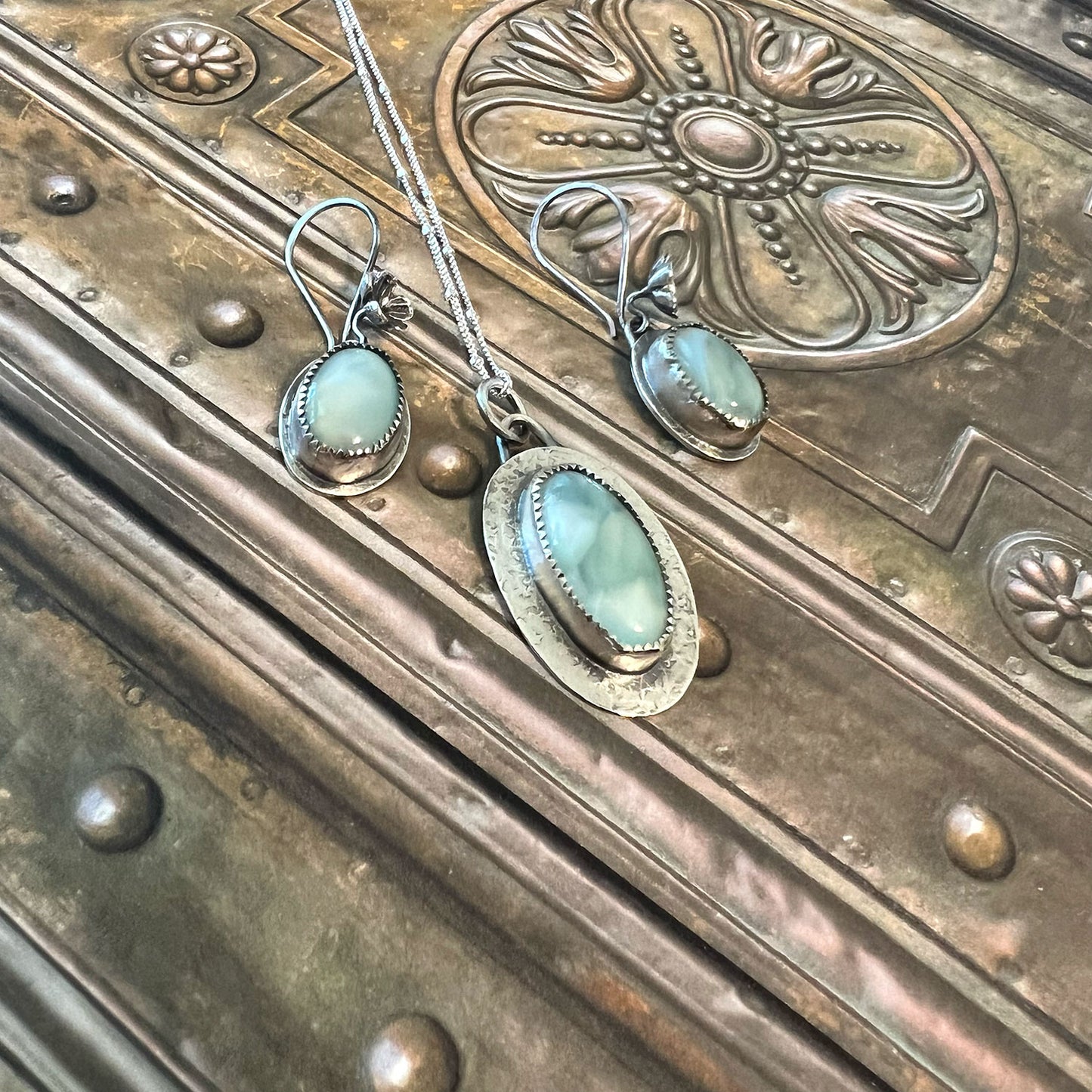 STERLING SILVER HEMIMORPHITE NECKLACE EARRINGS -  EMOTIONAL HEALING TALISMAN