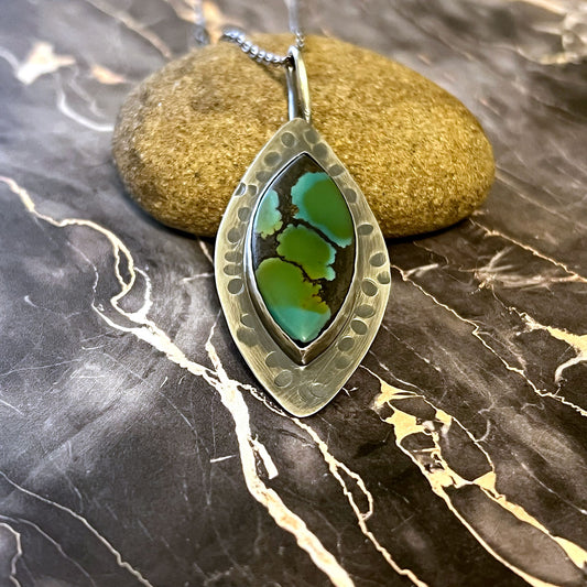STERLING SILVER HUBEI TURQUOISE MARQUISE NECKLACE - HEAVEN AND EARTH TALISMAN