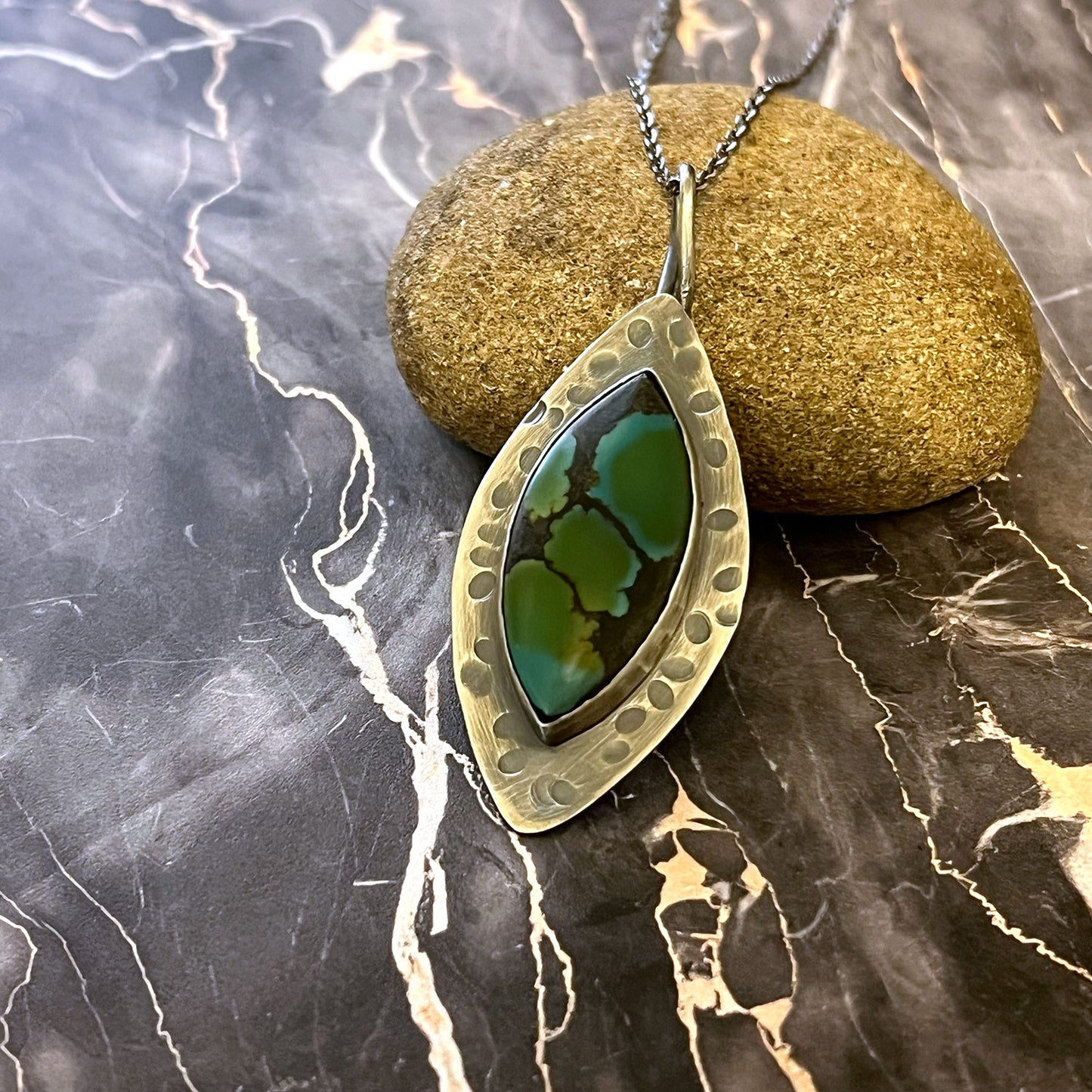 STERLING SILVER HUBEI TURQUOISE MARQUISE NECKLACE - HEAVEN AND EARTH TALISMAN