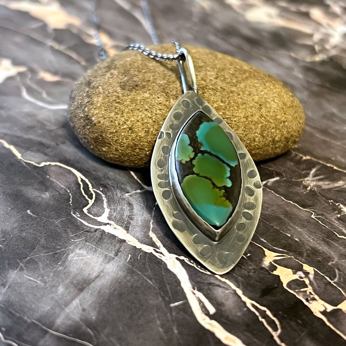 STERLING SILVER HUBEI TURQUOISE MARQUISE NECKLACE - HEAVEN AND EARTH TALISMAN