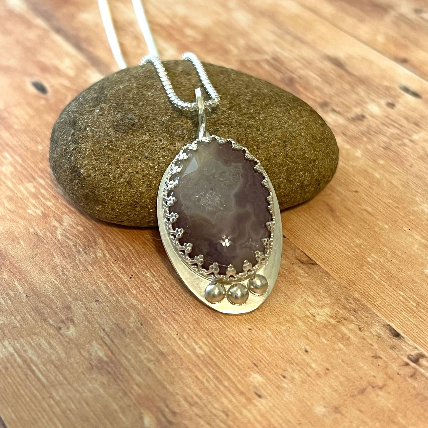 STERLING SILVER AZTEC LACE AGATE NECKLACES - PROTECTIVE EMBRACE TALISMAN