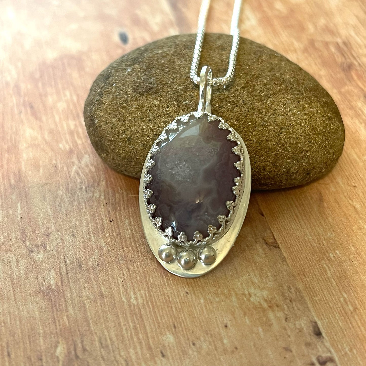 STERLING SILVER AZTEC LACE AGATE NECKLACES - PROTECTIVE EMBRACE TALISMAN