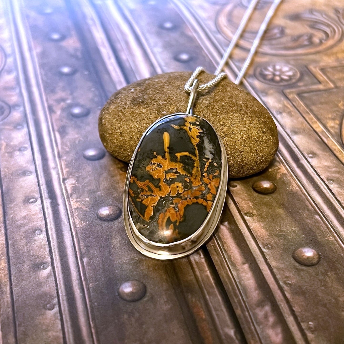 STERLING SILVER MALIGANO JASPER OVAL NECKLACE - MOTHER EARTH TALISMAN