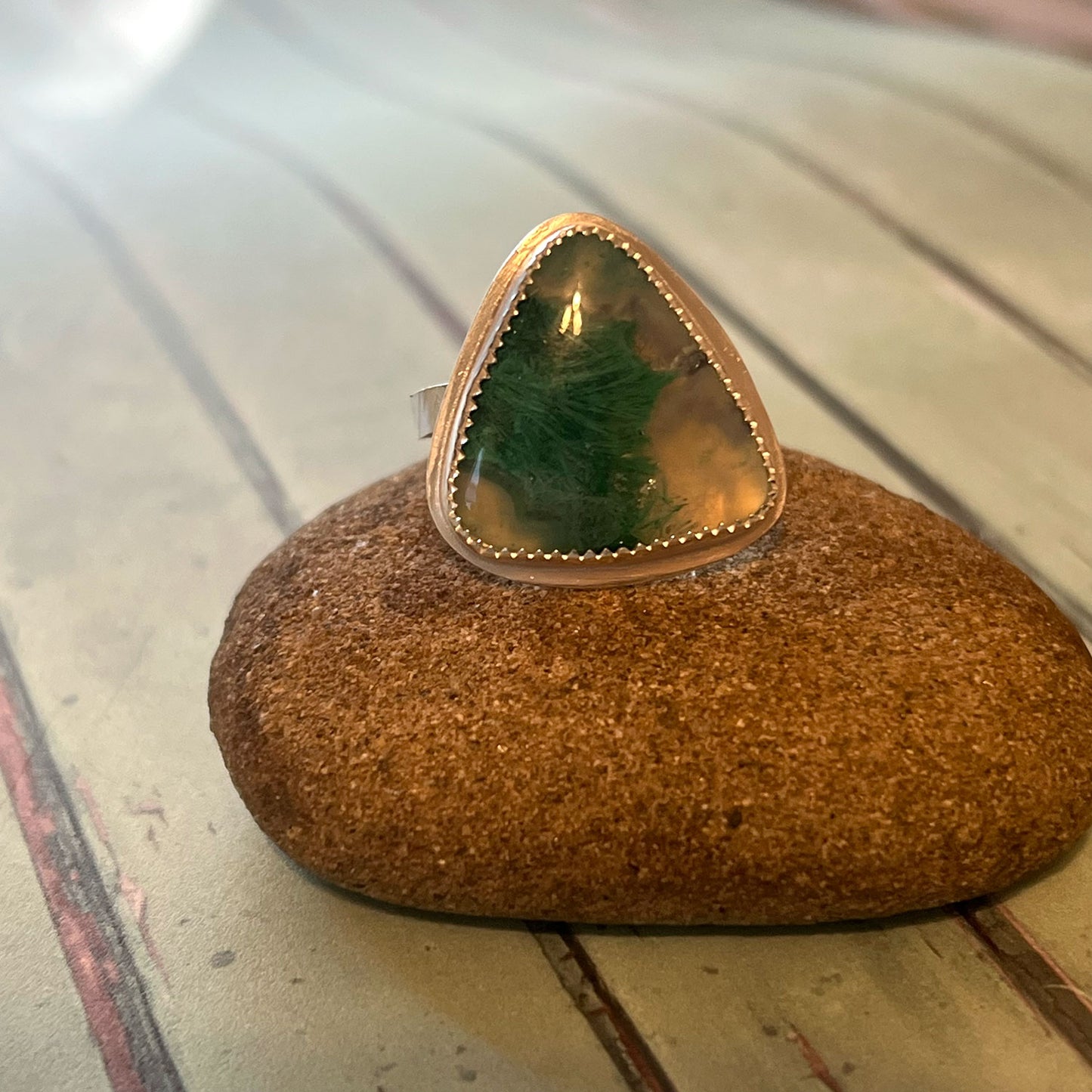 STERLING SILVER MOSS AGATE TRIANGLE RING - PROTECTIVE EMBRACE TALISMAN