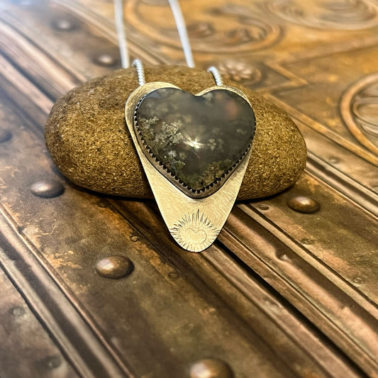 STERLING SILVER BLUE MOSS AGATE HEART NECKLACE - PROTECTIVE EMBRACE TALISMAN