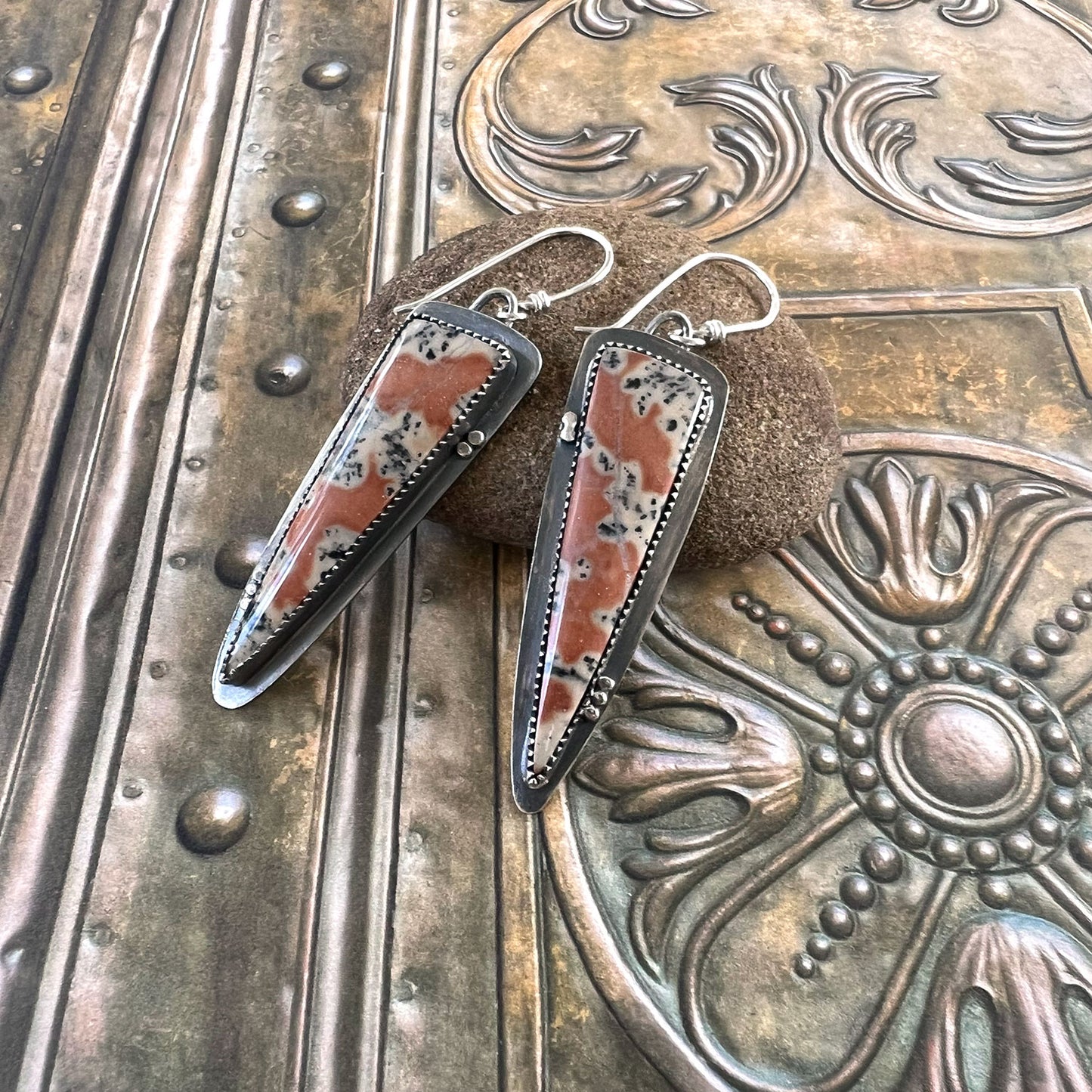 STERLING SILVER PEACH DENDRITIC AGATE EARRINGS - PROTECTIVE EMBRACE TALISMAN