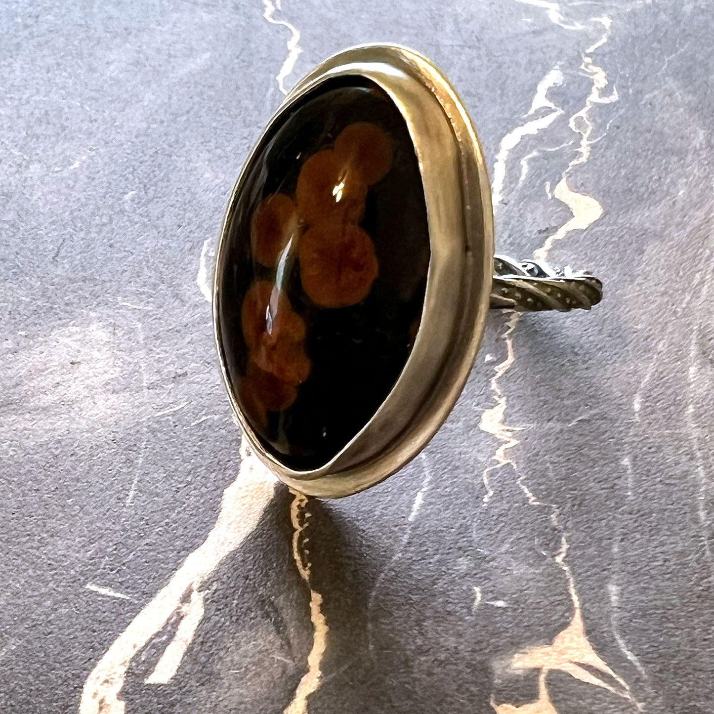 STERLING SILVER PEANUT OBSIDIAN RING - LIGHT INTO DARKNESS TALISMAN