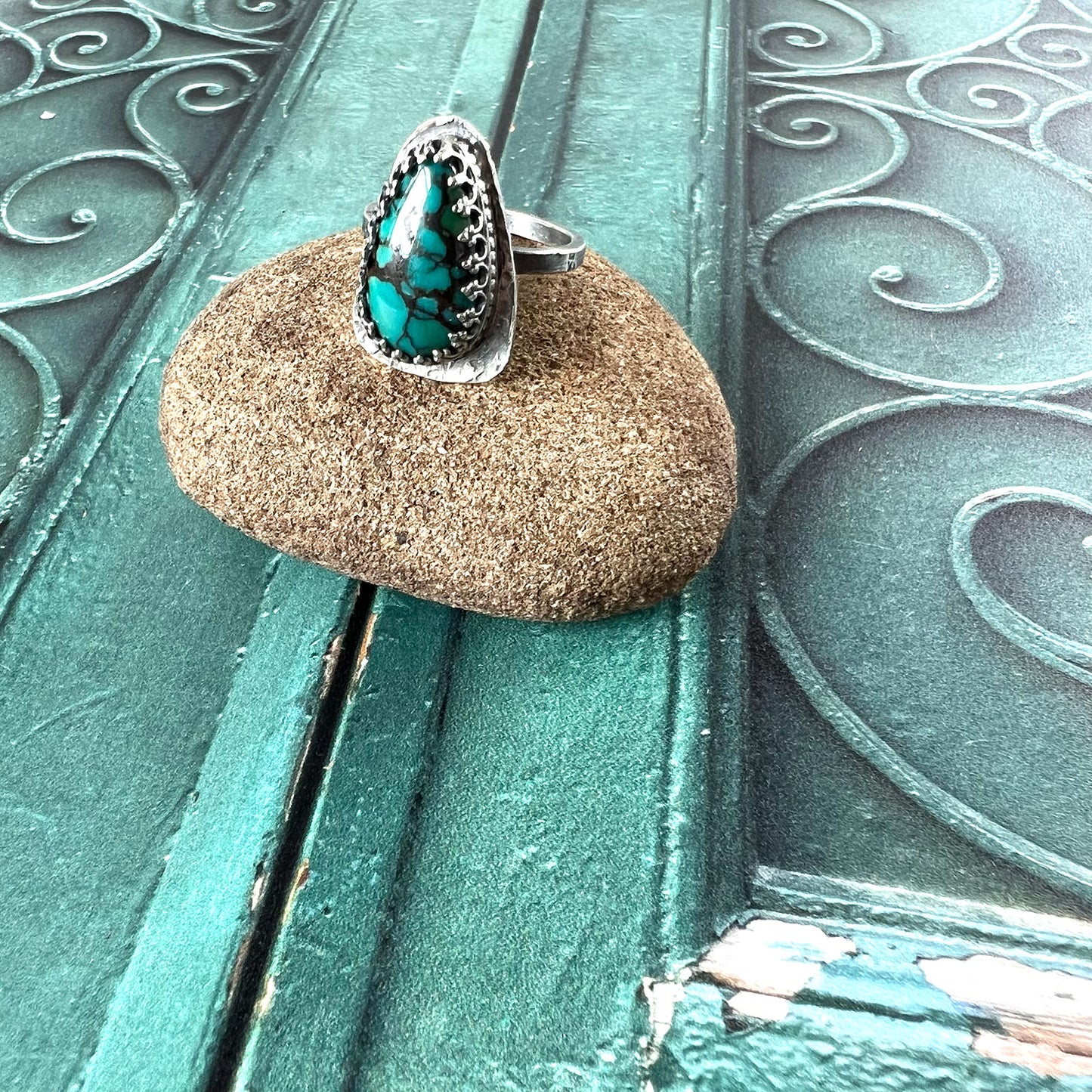 STERLING SILVER POLYCHROME QINGU TURQUOISE RING - HEAVEN AND EARTH TALISMAN