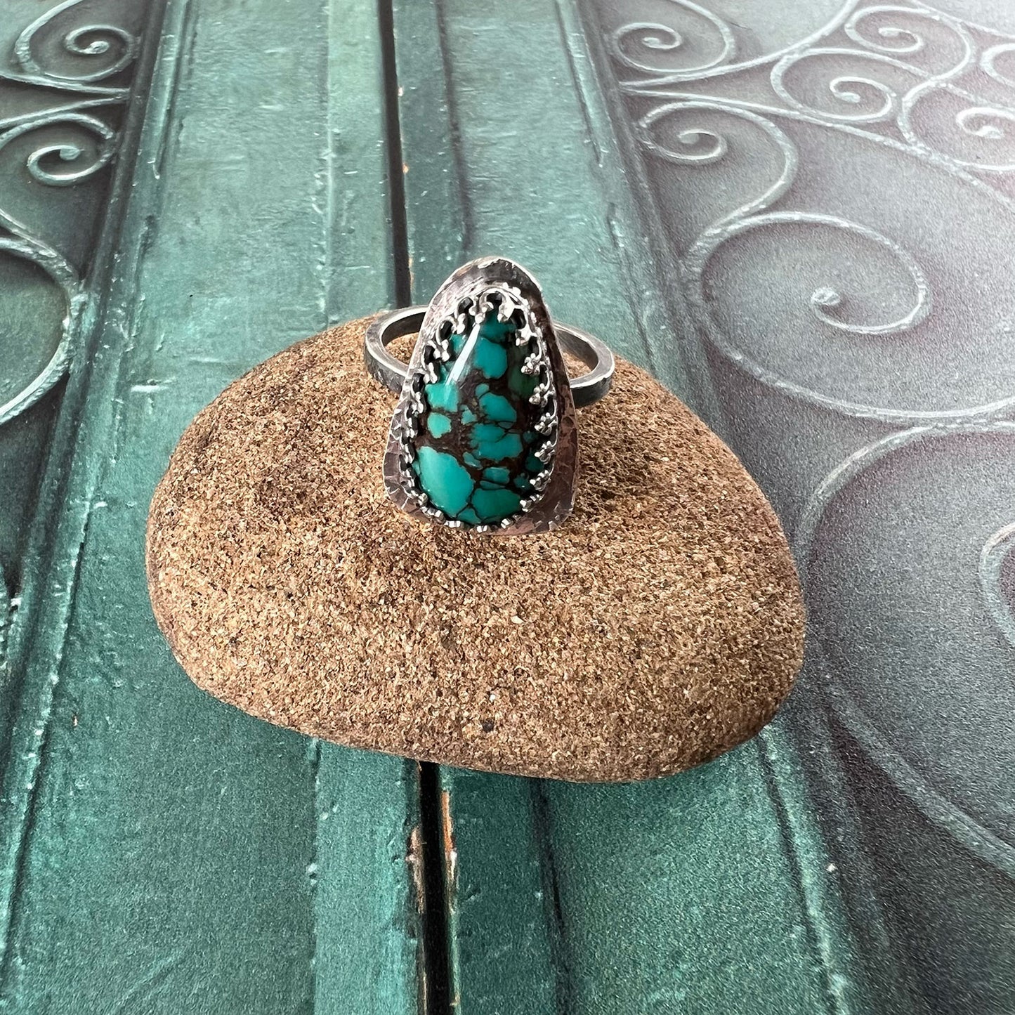 STERLING SILVER POLYCHROME QINGU TURQUOISE RING - HEAVEN AND EARTH TALISMAN