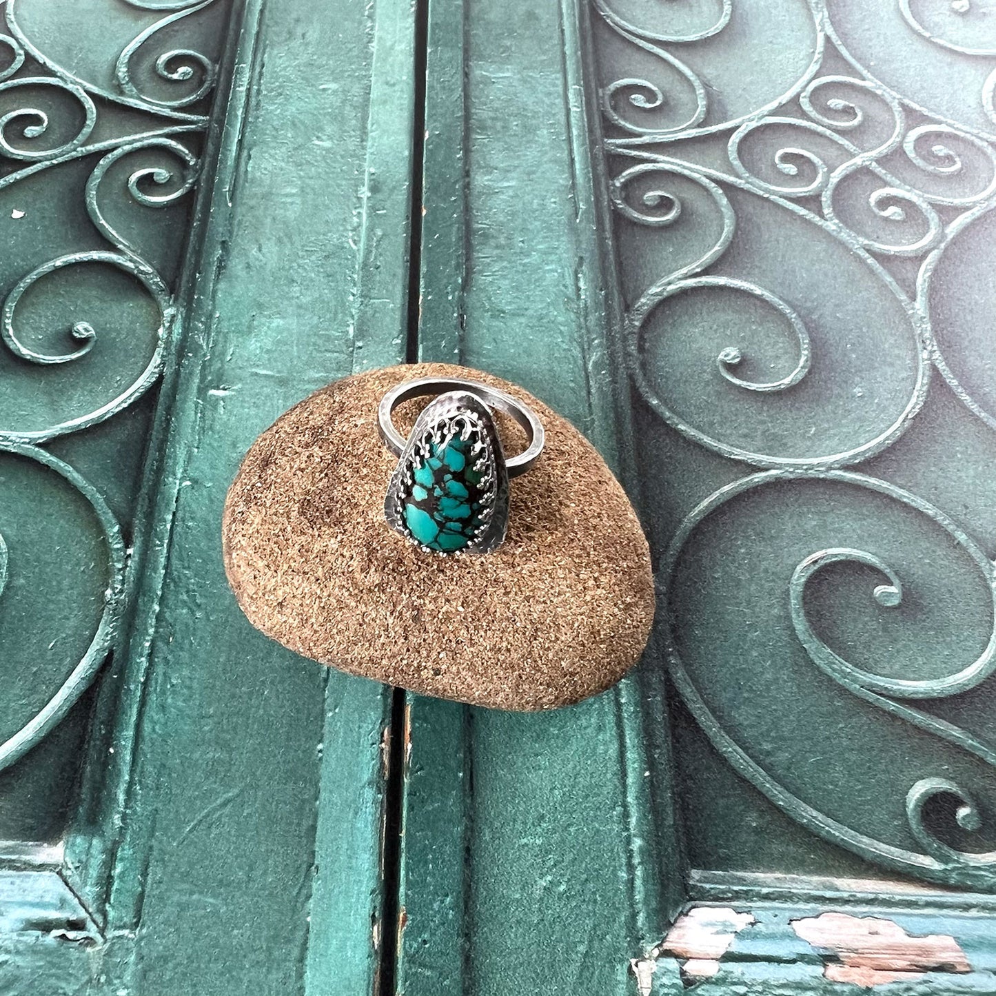 STERLING SILVER POLYCHROME QINGU TURQUOISE RING - HEAVEN AND EARTH TALISMAN