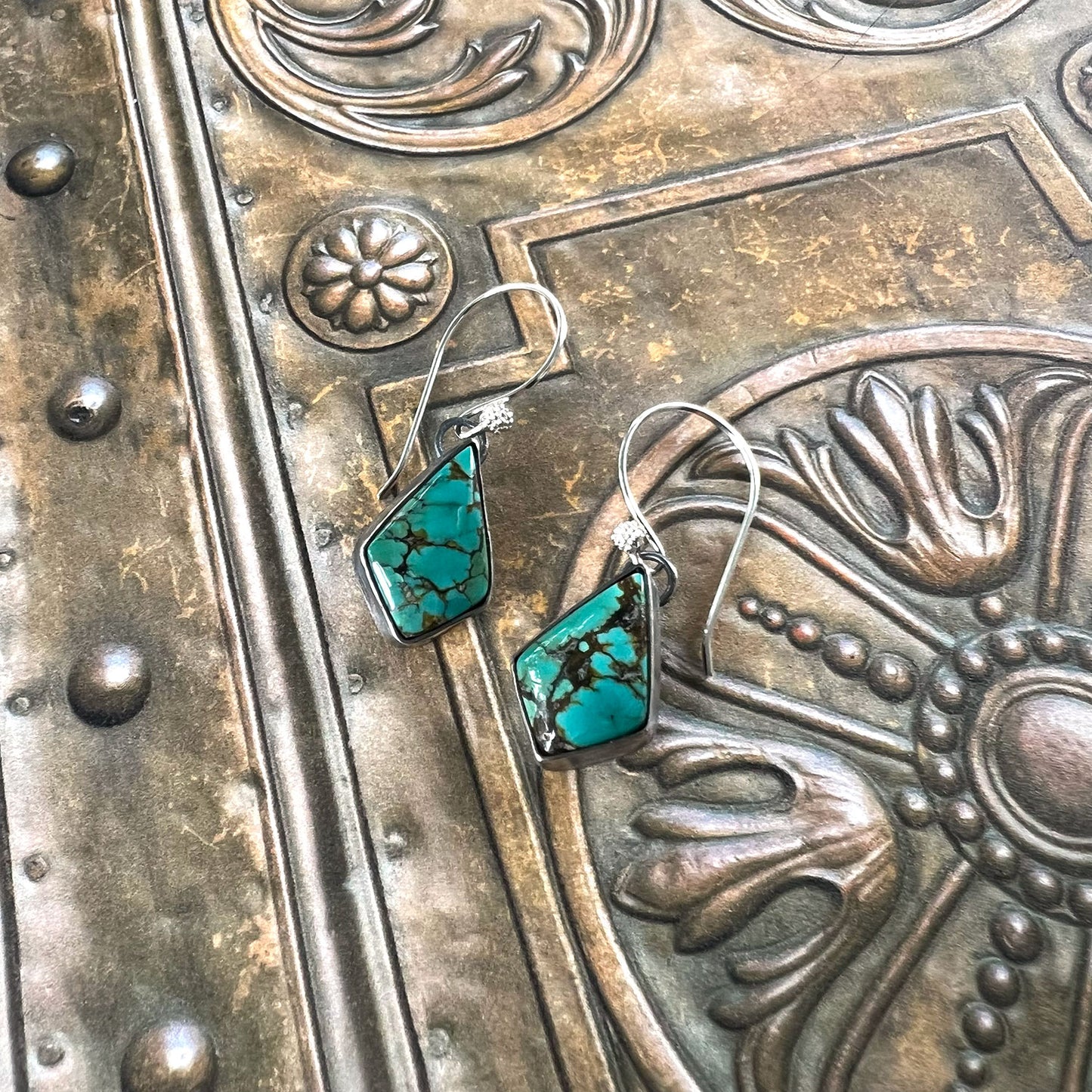 STERLING SILVER POLYCHROME QINGU TURQUOISE EARRINGS - HEAVEN AND EARTH TALISMAN