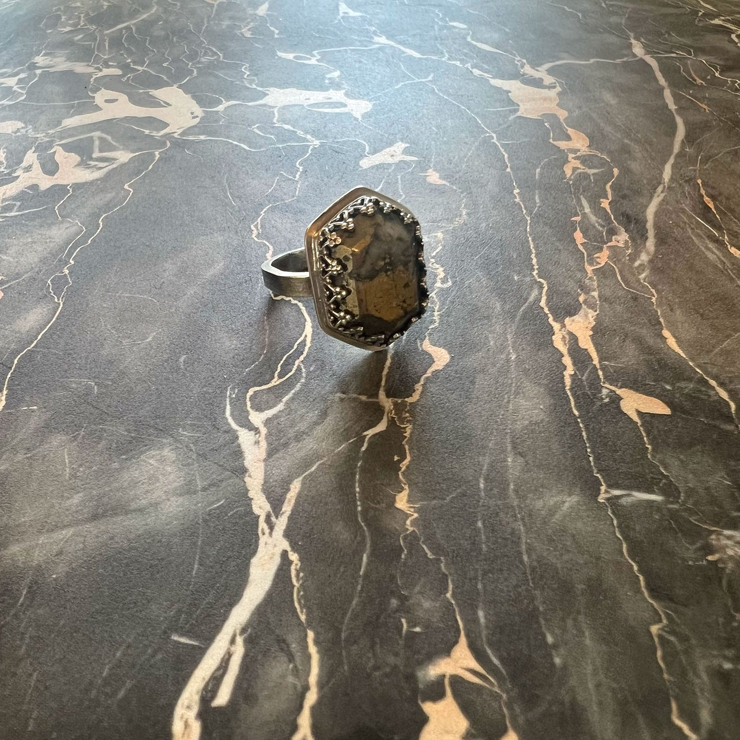 STERLING SILVER PYRITE IN QUART RING - WHAT LIES UNDERNEATH TALISMAN