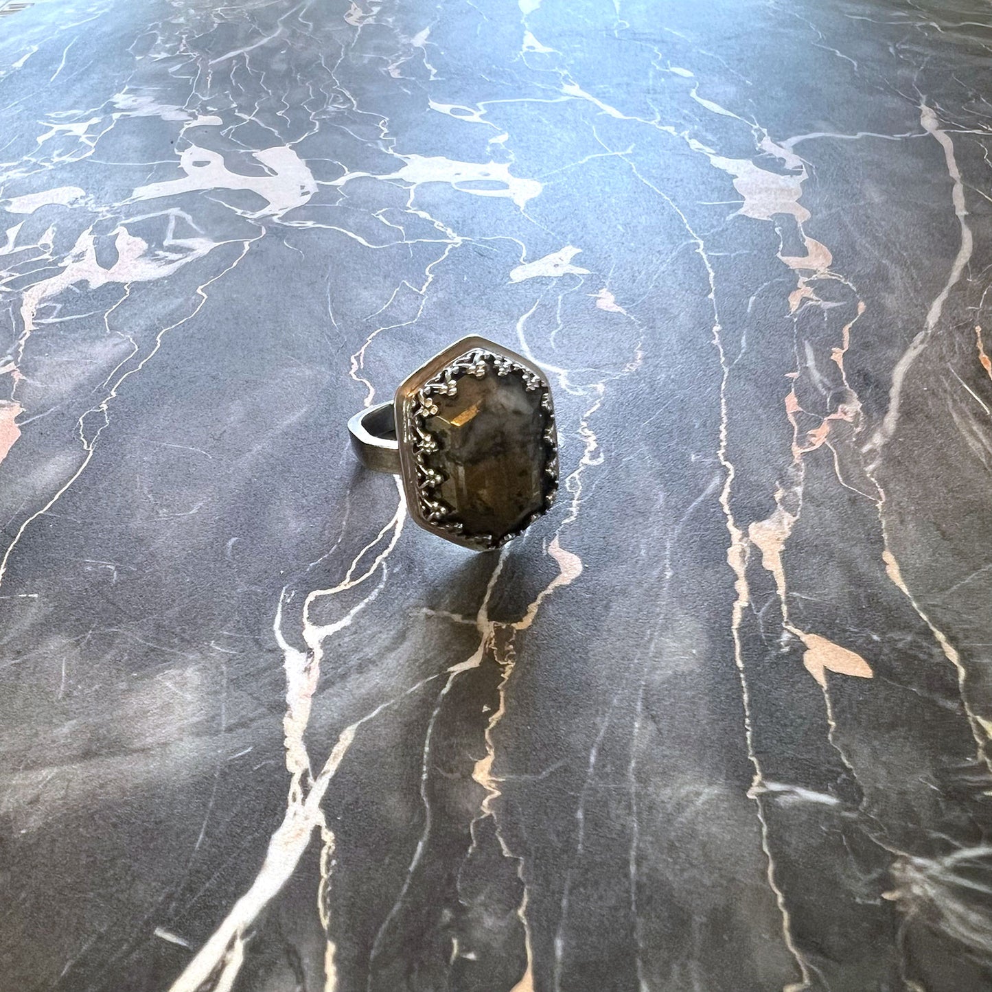 STERLING SILVER PYRITE IN QUART RING - WHAT LIES UNDERNEATH TALISMAN