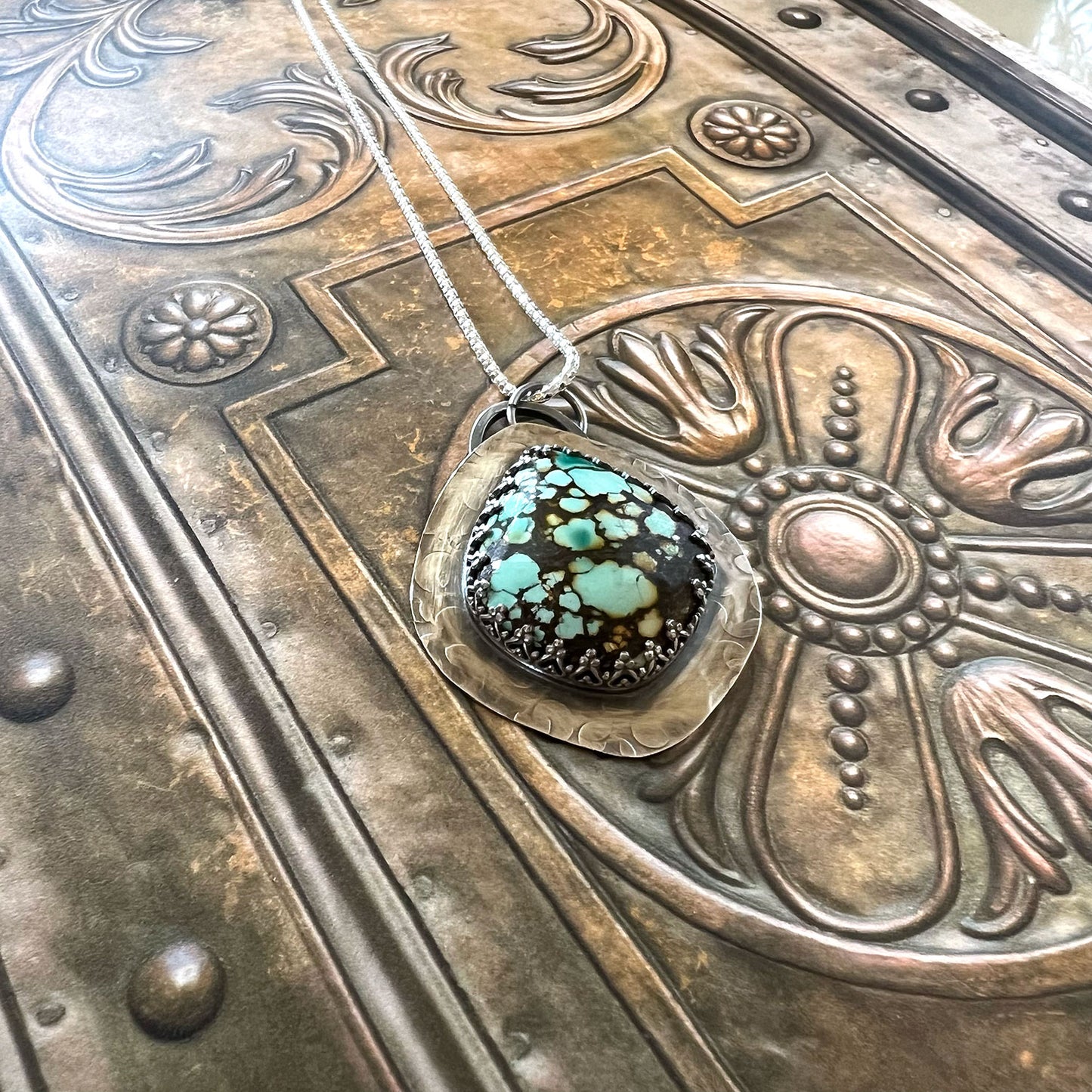 STERLING SILVER QINGU TURQUOISE TEARDROP NECKLACE - HEAVEN AND EARTH TALISMAN