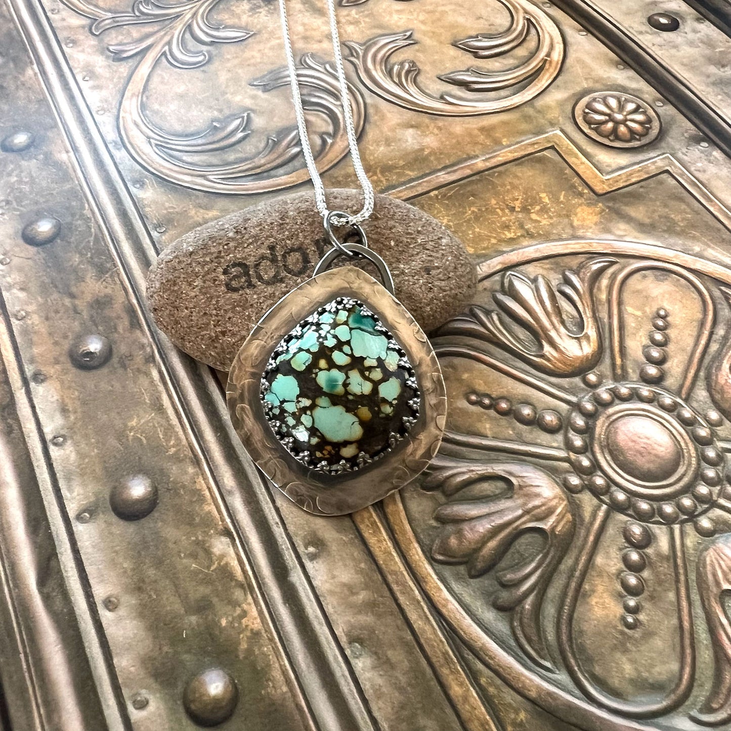 STERLING SILVER QINGU TURQUOISE TEARDROP NECKLACE - HEAVEN AND EARTH TALISMAN