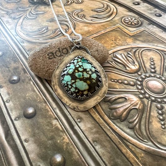 STERLING SILVER QINGU TURQUOISE TEARDROP NECKLACE - HEAVEN AND EARTH TALISMAN