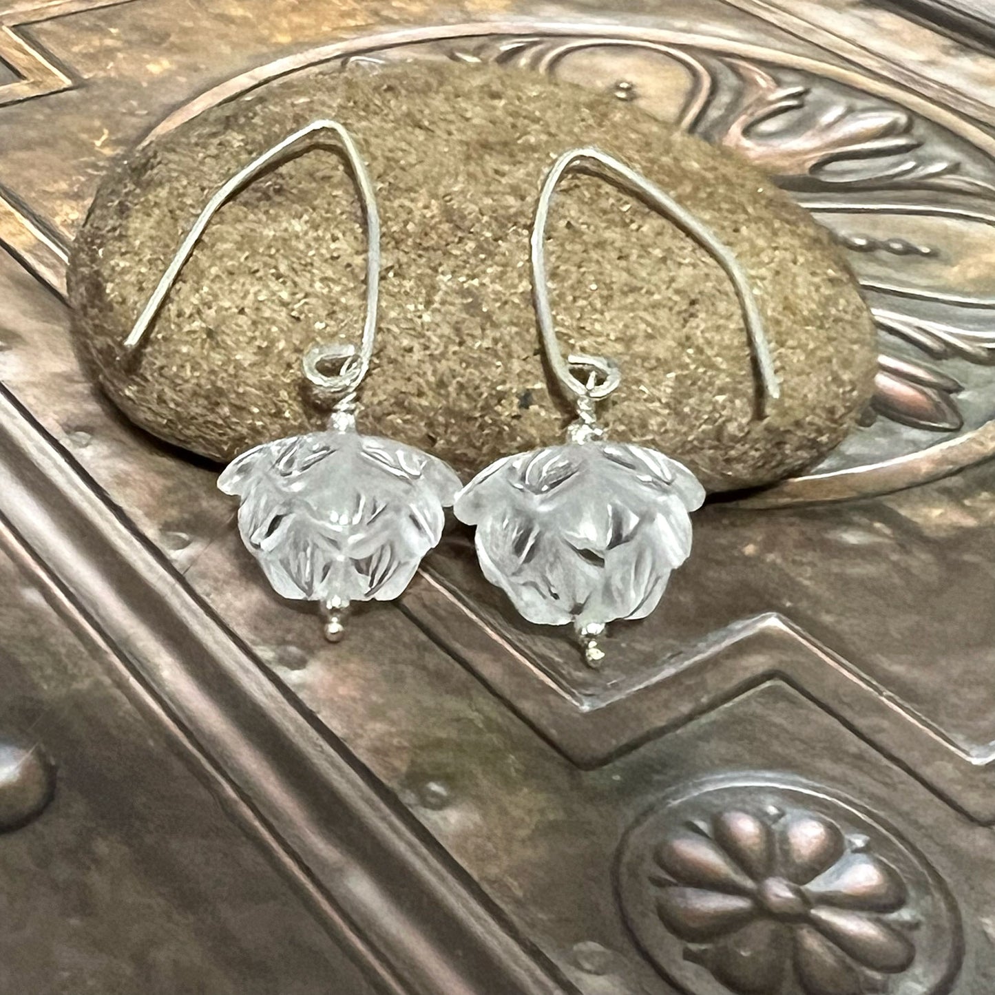 STERLING SILVER CARVED QUARTZ LOTUS EARRINGS - POWER TO ELEVATE TALISMAN