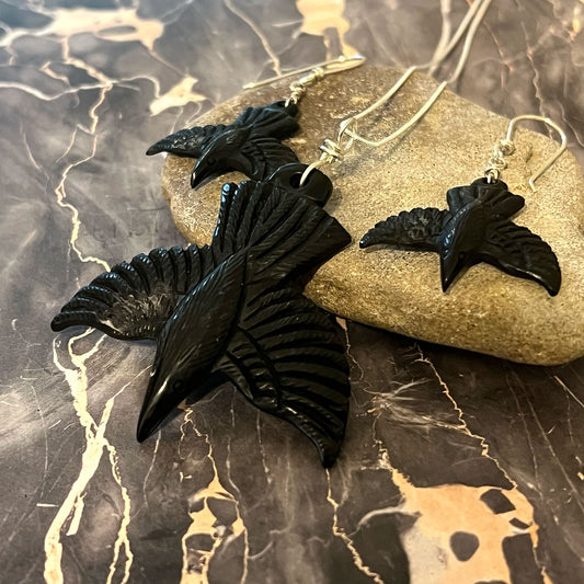 STERLING SILVER BONE RAVEN NECKLACE EARRINGS - ANCIENT TRUTH TALISMAN