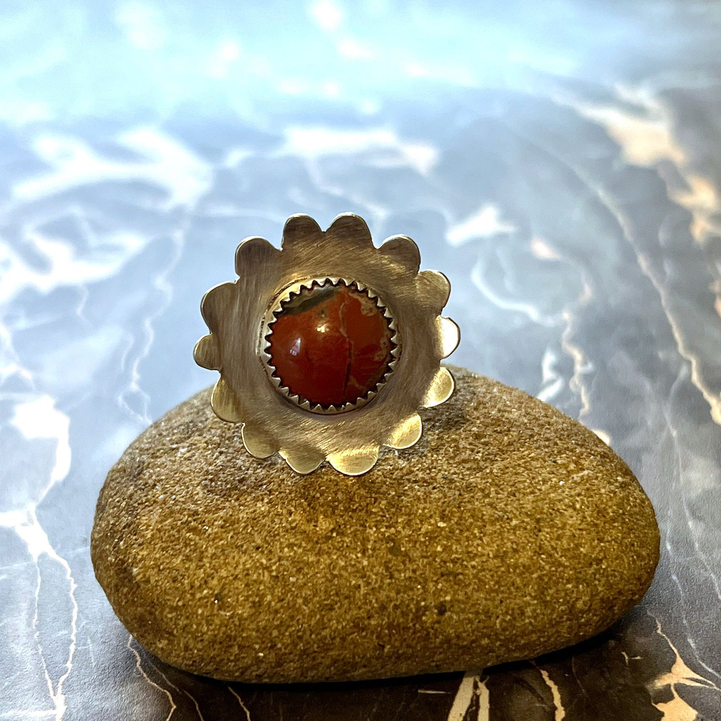 STERLING SILVER RED JASPER FLOWER RING - MOTHER EARTH TALISMAN
