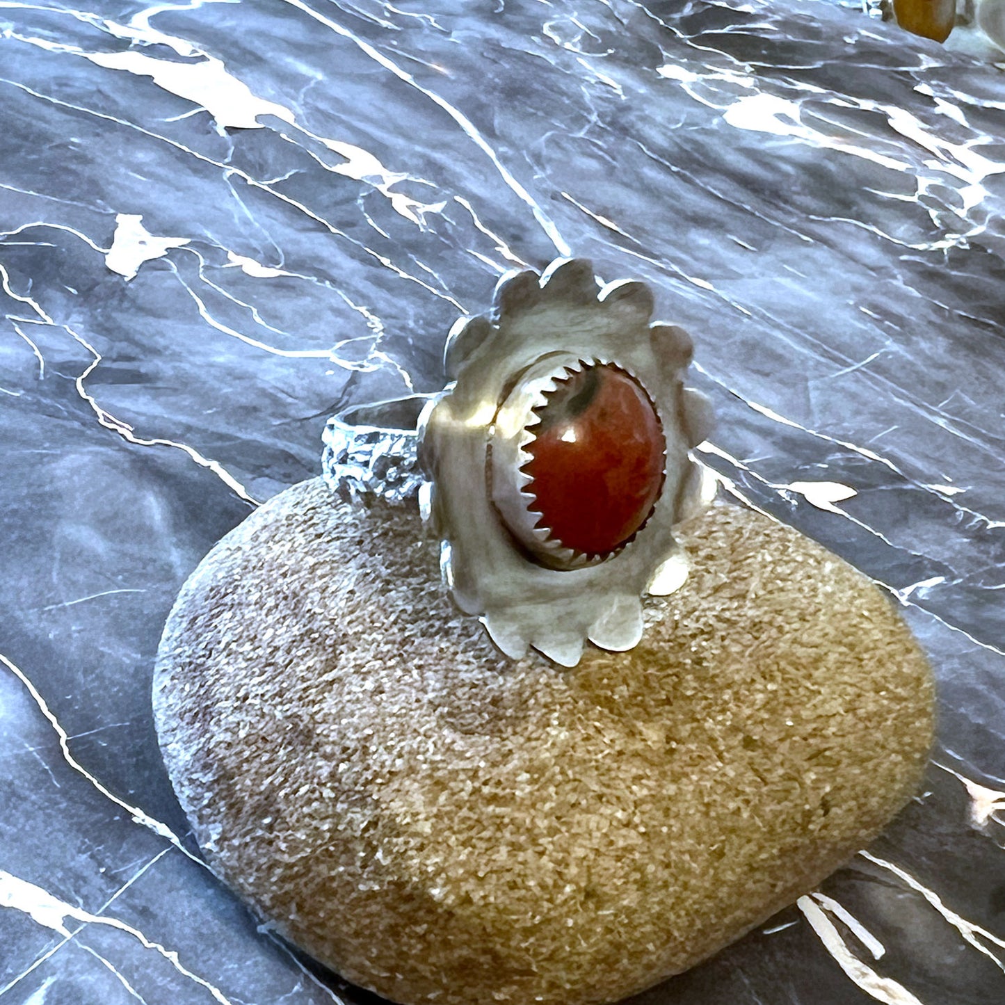 STERLING SILVER RED JASPER FLOWER RING - MOTHER EARTH TALISMAN